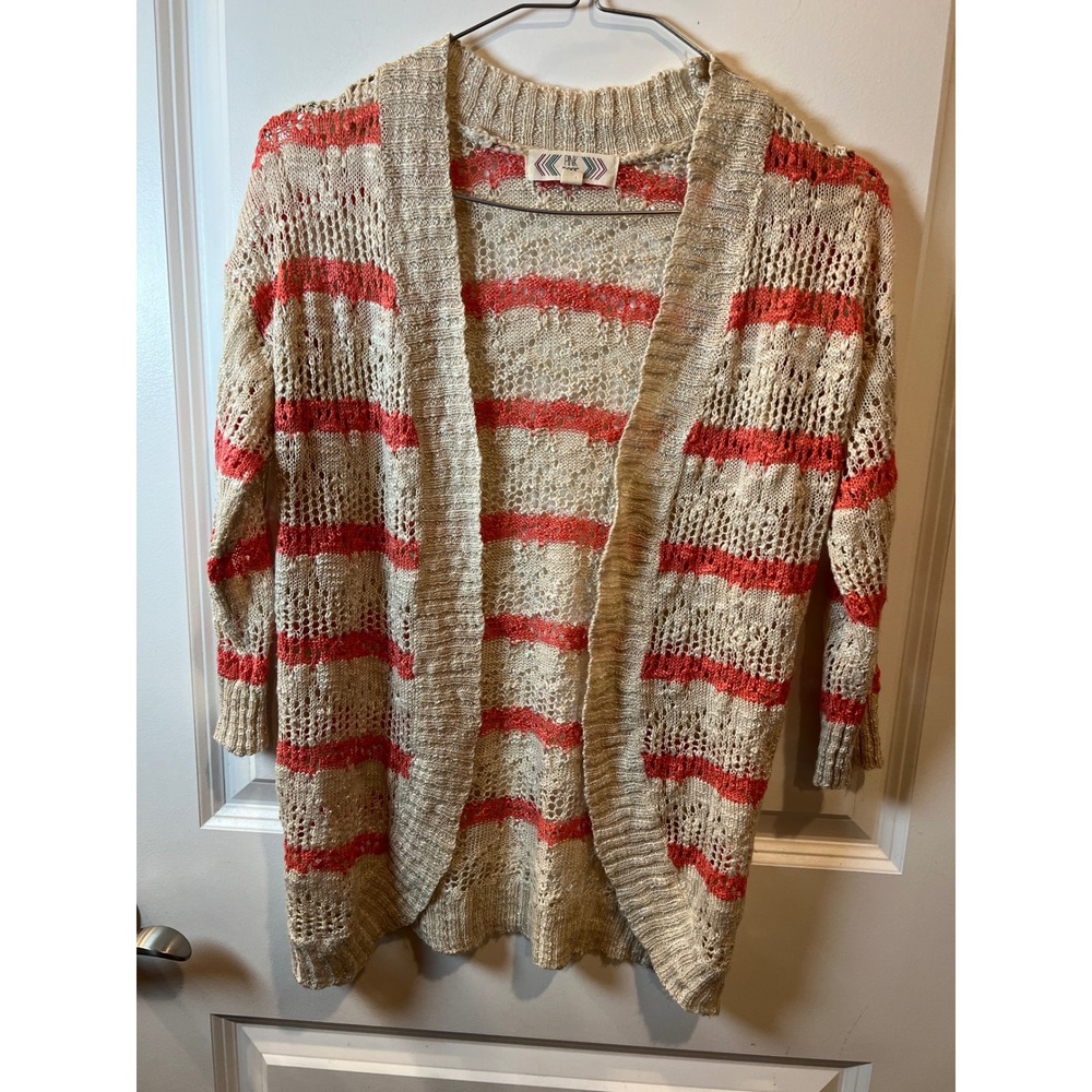 Pink Rose Womens Cardigan Open Front Pointelle Striped Beige Coral Size S
